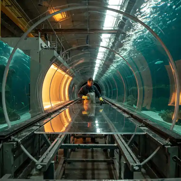 A technician in a cleanroom polishes a thick, curved acrylic panel using a specialized tool. In the background, a large industrial annealing oven glows with heat, used for shaping and strengthening acrylic panels for aquarium tunnels.